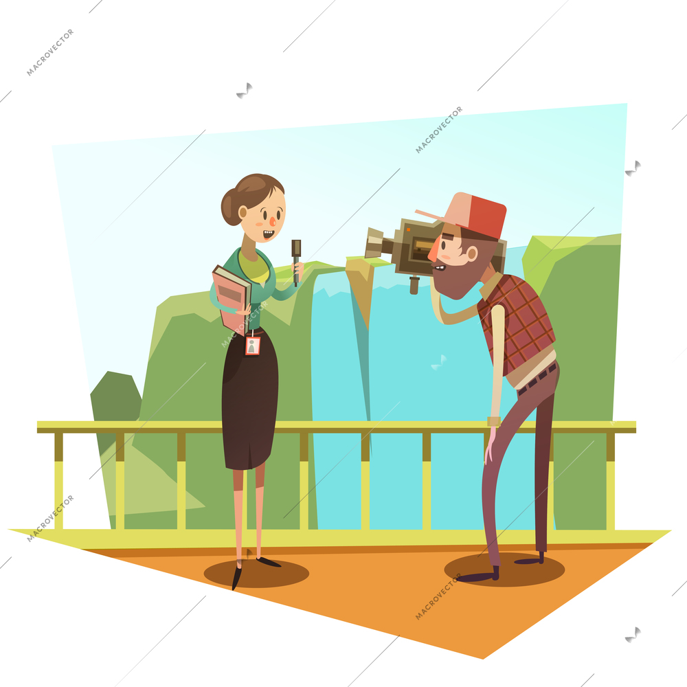 Female journalist with mic and male cameraman retro style cartoon vector illustration