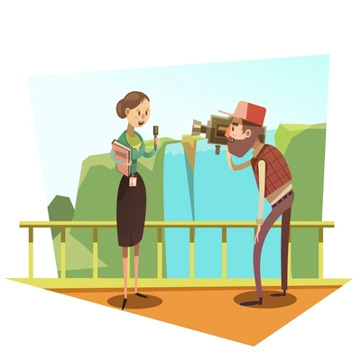 Female journalist with mic and male cameraman retro style cartoon vector illustration
