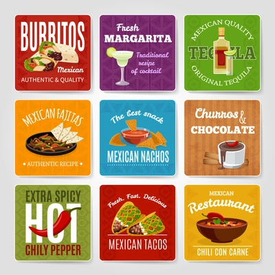 Mexican famous chili con carne and fajitas snack authentic food  recipes labels set abstract isolated vector illustration