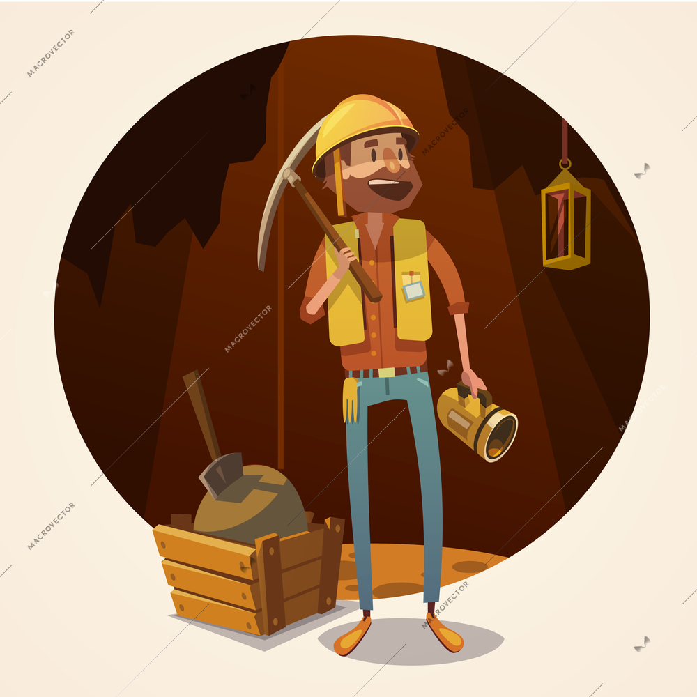 Mining concept with retro cartoon style miner in coalmine vector illustration