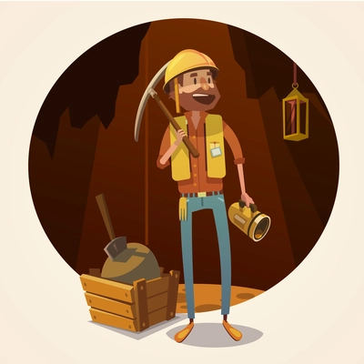 Mining concept with retro cartoon style miner in coalmine vector illustration