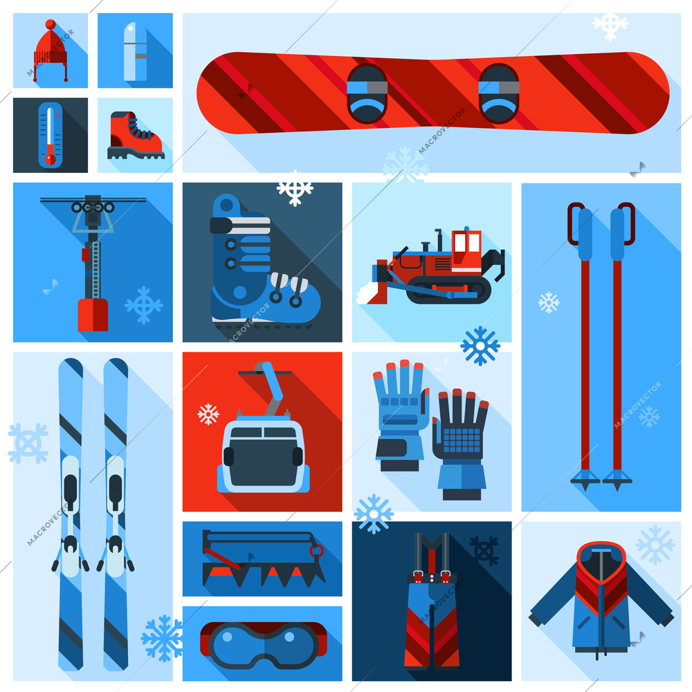 Skiing and snowboarding equipment icons set with elements of clothing shoes and accessories in flat shadow design style vector illustration