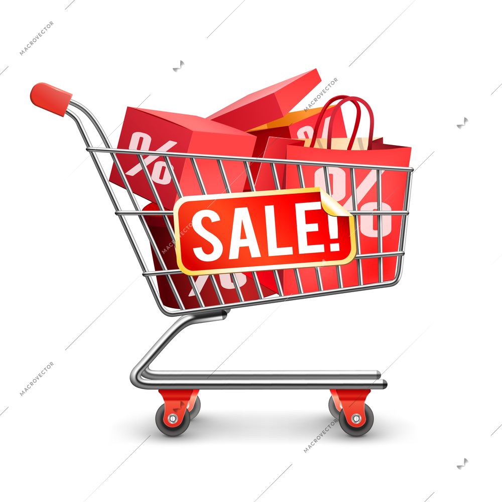 Self-service department store shopping trolley cart full with red discount boxes on season sale flat vector illustration