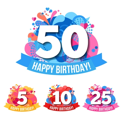 Flat anniversary emblems  with happy birthday congratulations ribbons and color balloons isolated vector illustration