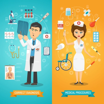 Medical healthcare vertical banner set doctor and nurse isolated vector illustration