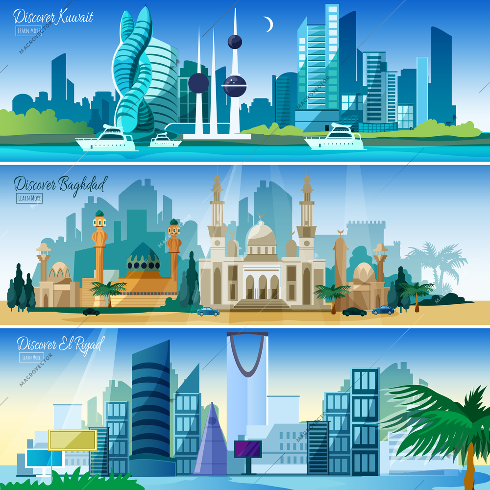 Travel agency flat horizontal interactive banners set with exotic arabic cities baghdad kuwait skyline abstract vector illustration