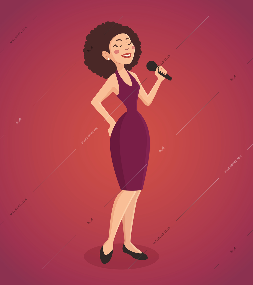 Singer woman wearing a dress singing a song with a microphone cartoon vector illustration