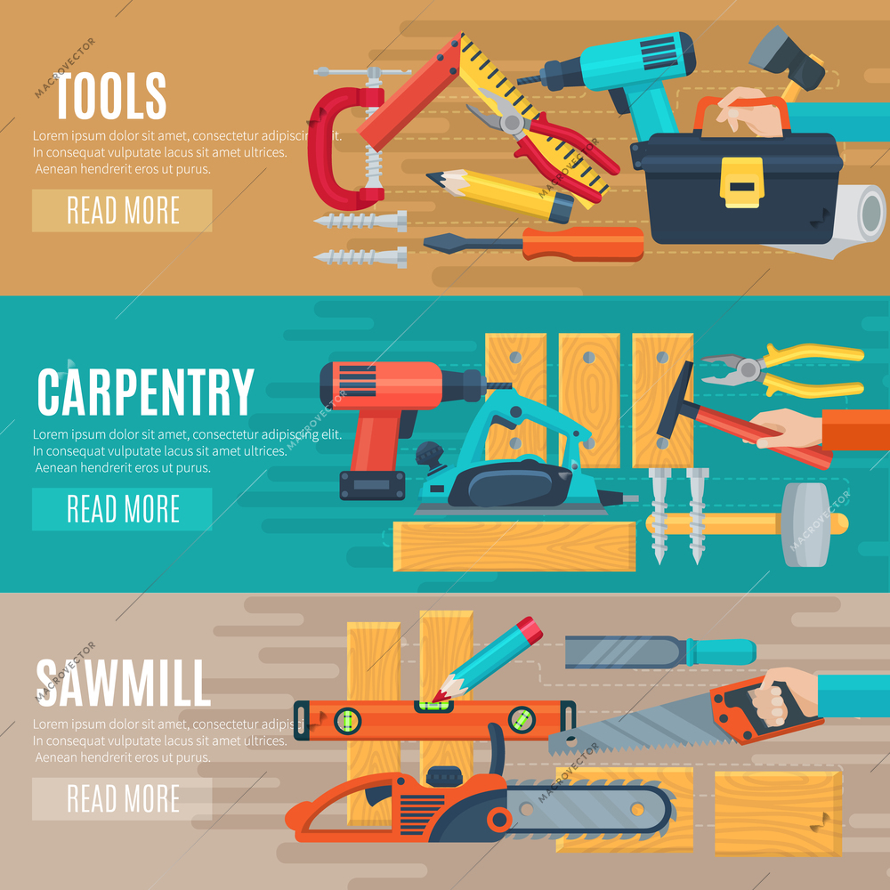 Horizontal carpentry flat banners set of woodworker tools kit and sawmill equipment vector illustration