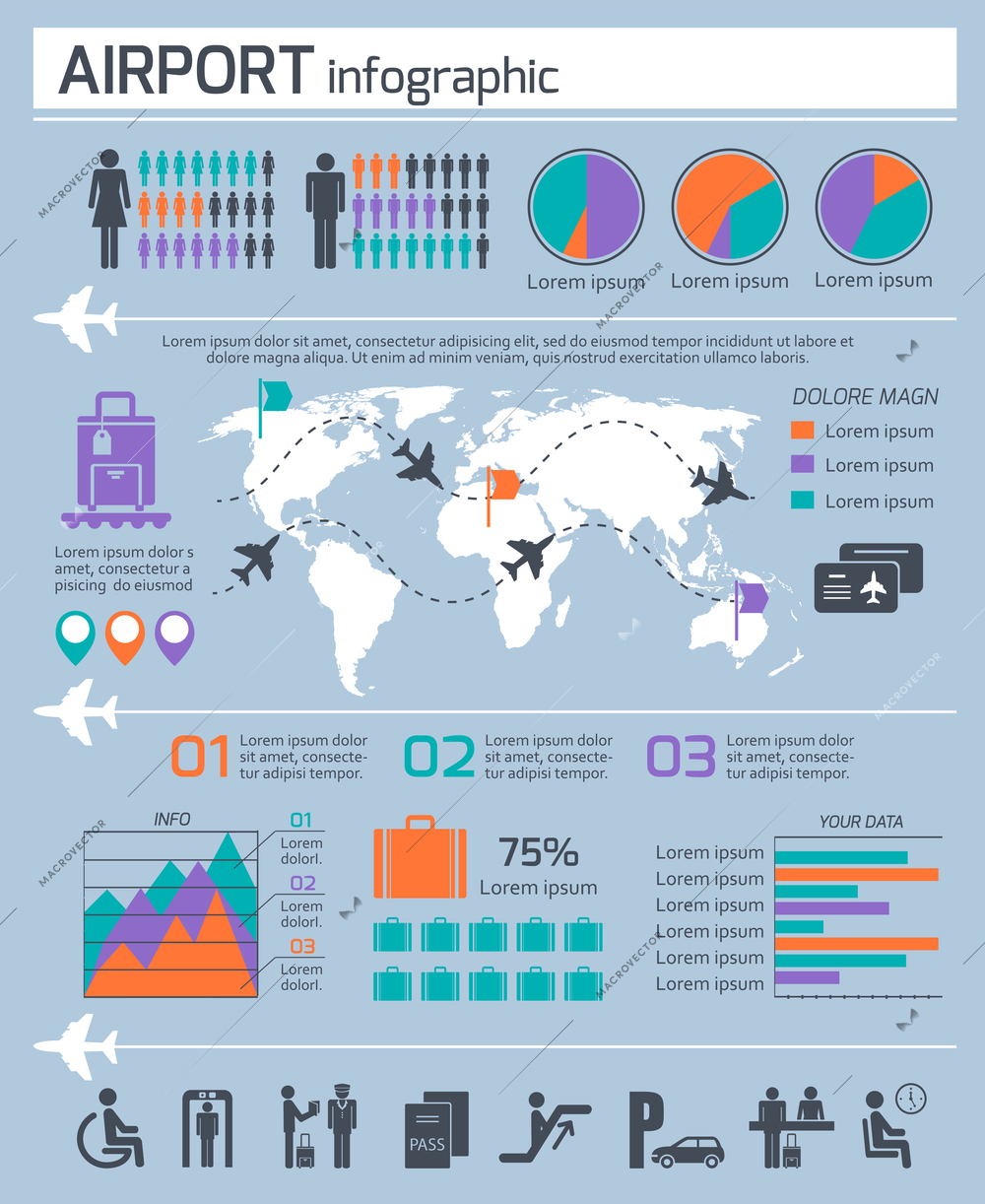 Airport business infographic presentation template layout design work map and air traffic icons vector illustration