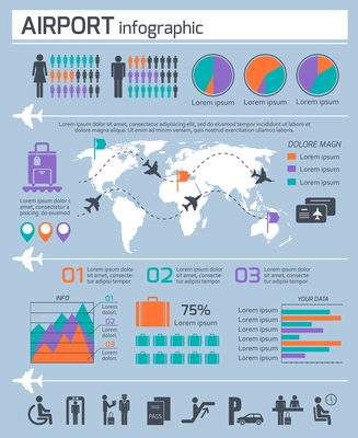 Airport business infographic presentation template layout design work map and air traffic icons vector illustration