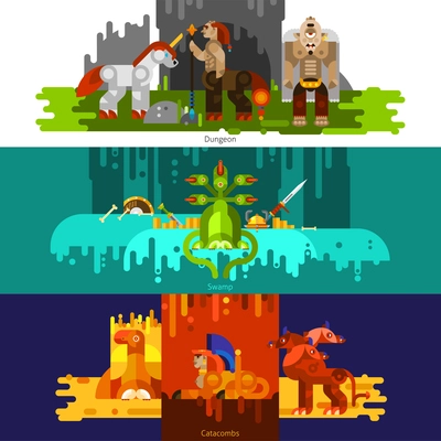 Three banners flat of mythical creatures with dungeon and swamp and catcombs set horizontal vector illustration