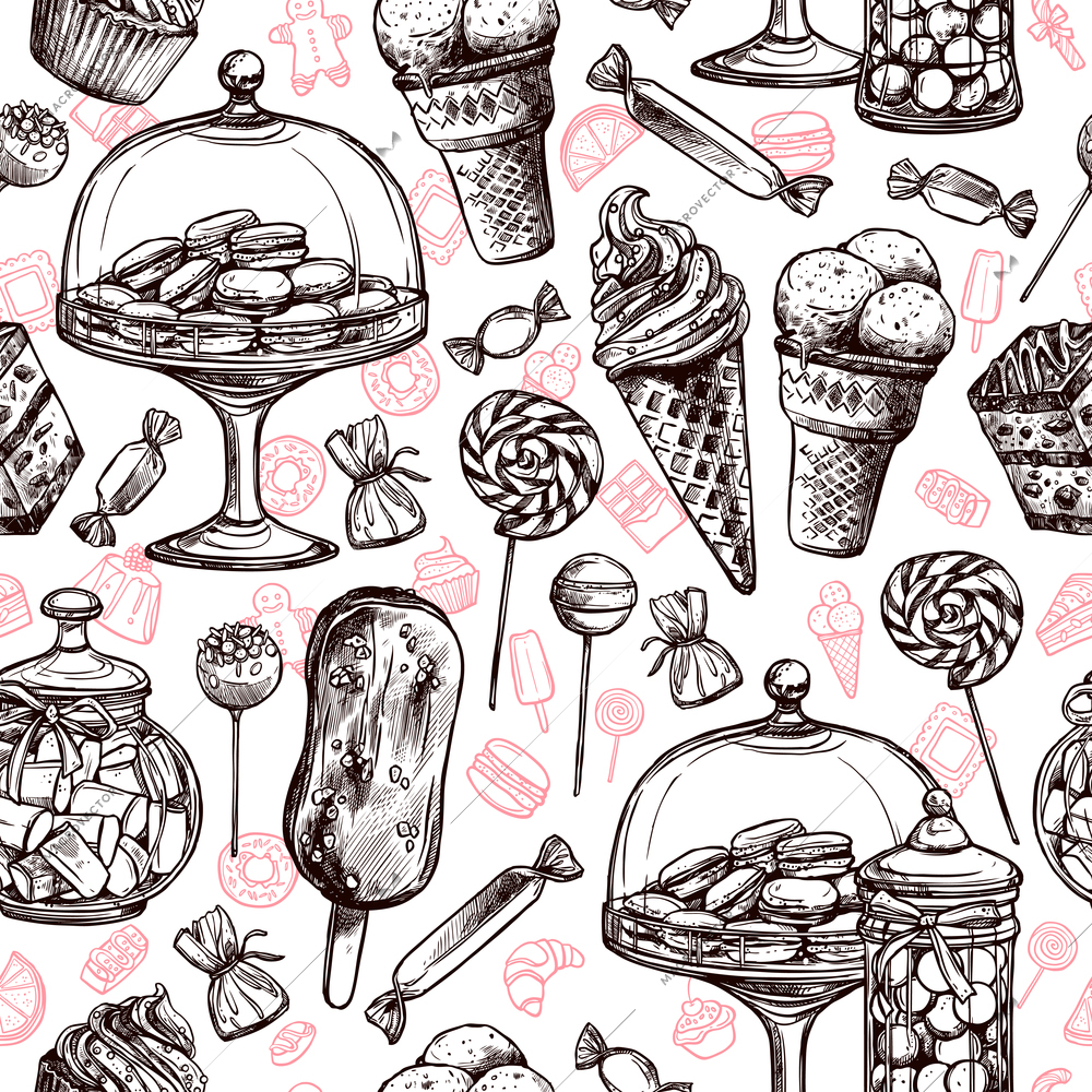 Sweets seamless pattern with hand drawn cakes chocolate candies vector illustration