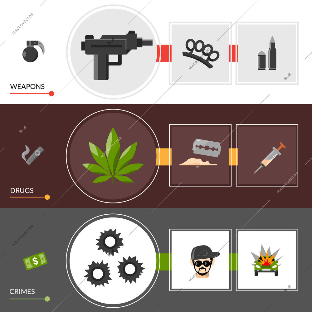 Horizontal gangster lifestyle banners  with weapons drugs  and crimes elements set vector illustration