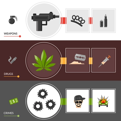 Horizontal gangster lifestyle banners  with weapons drugs  and crimes elements set vector illustration