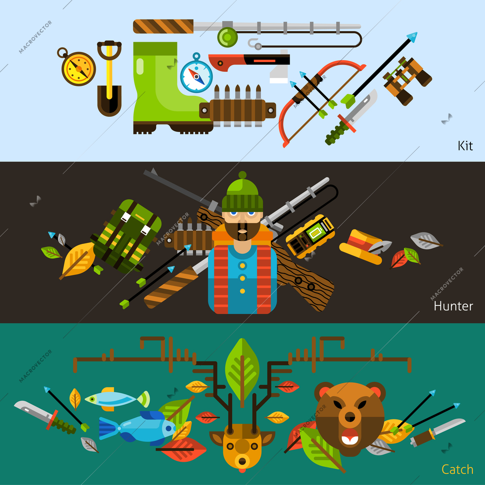 Hunting and fishing horizontal banners with animals and hunter equipments flat elements isolated vector illustration