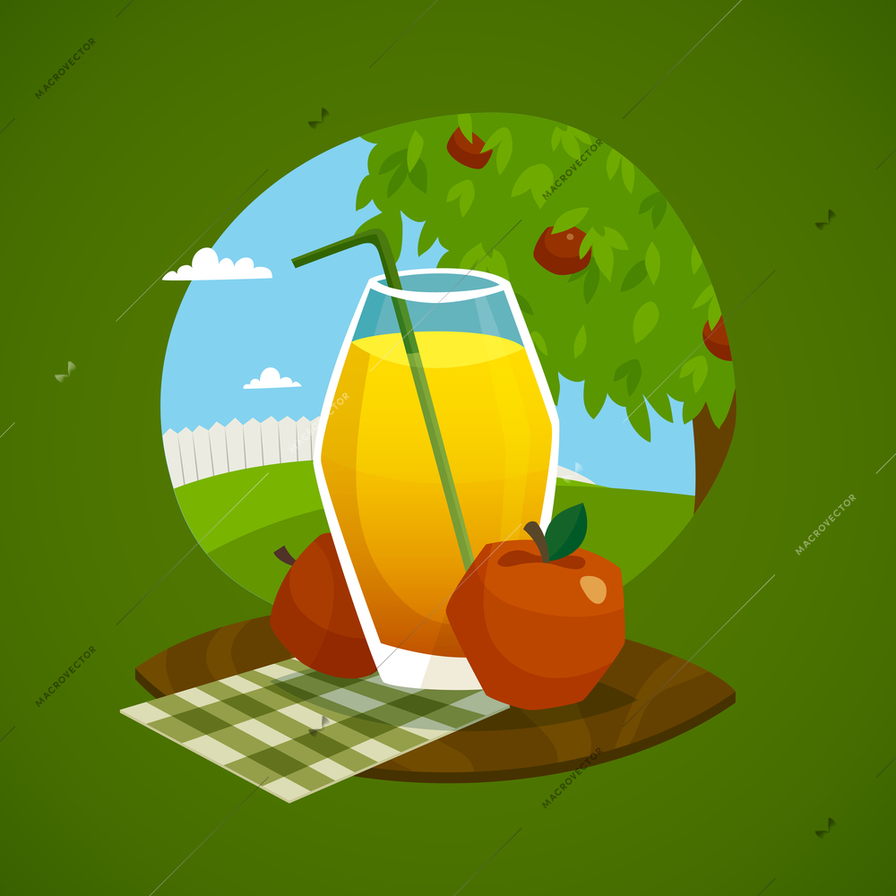 Design concept with glass of fresh juice  and  apples on wooden tray with rural landscape  background  vector illustration