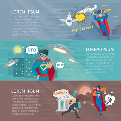 Superhero horizontal banners set with UFO symbols flat isolated vector illustration