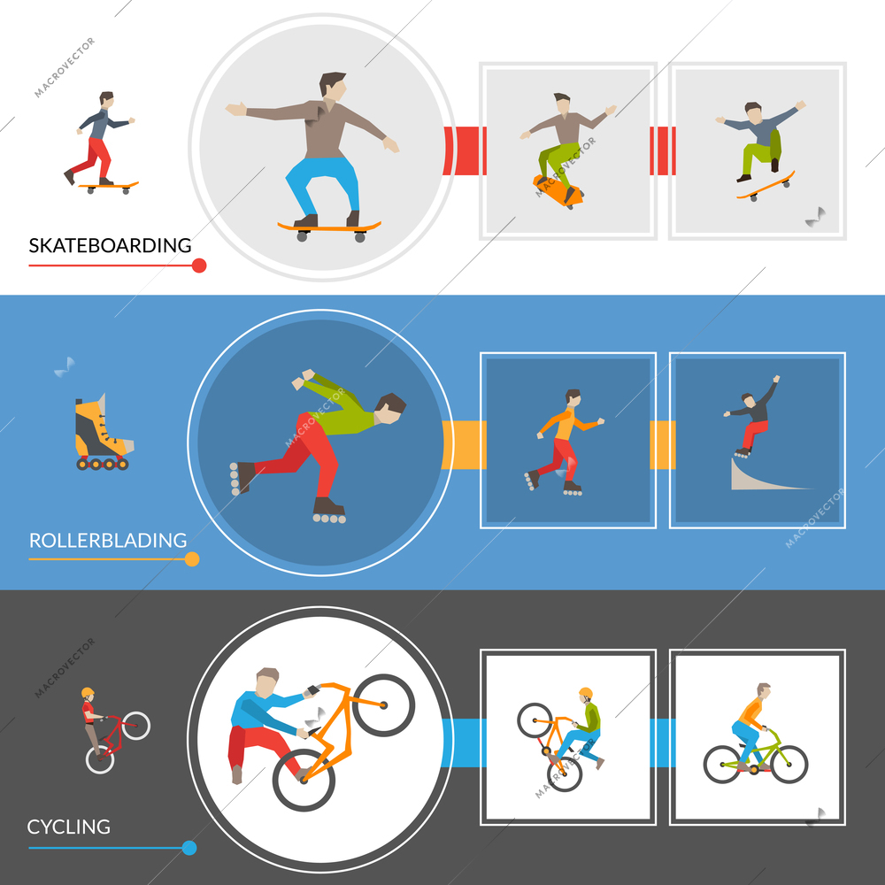 Horizontal  banners on theme extreme city sports with rollers cyclists skateboarders icons set vector illustration