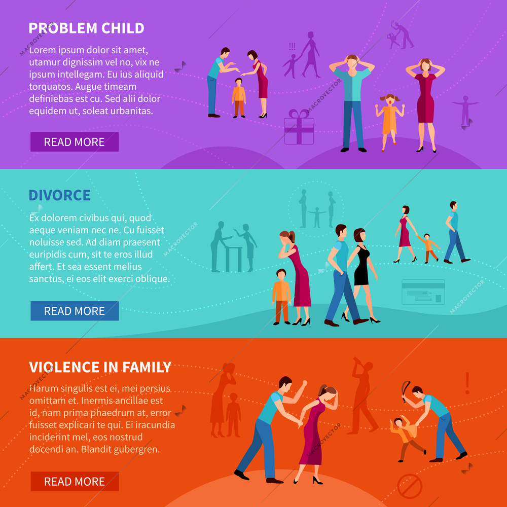 Flat  horizontal banners set with people having  family problems    vector illustration