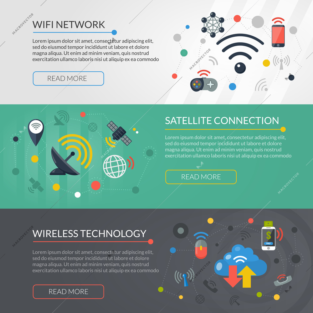 Wireless satellite connection technology online information for wifi network 3 flat interactive banners set abstract isolated vector illustration