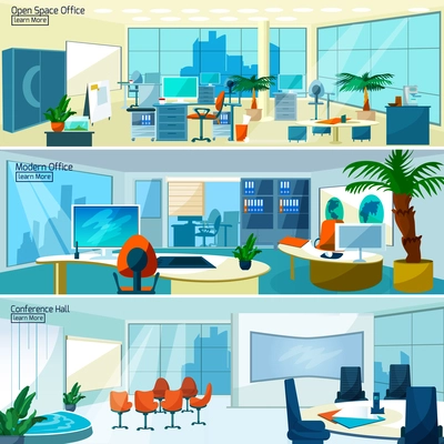 Office interiors horizontal banners set with conference hall and open space office with modern furniture vector illustration