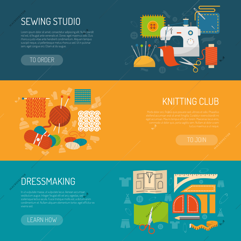 Textile horizontal banner set with sewing and knitting flat elements isolated vector illustration