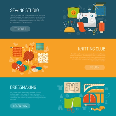 Textile horizontal banner set with sewing and knitting flat elements isolated vector illustration