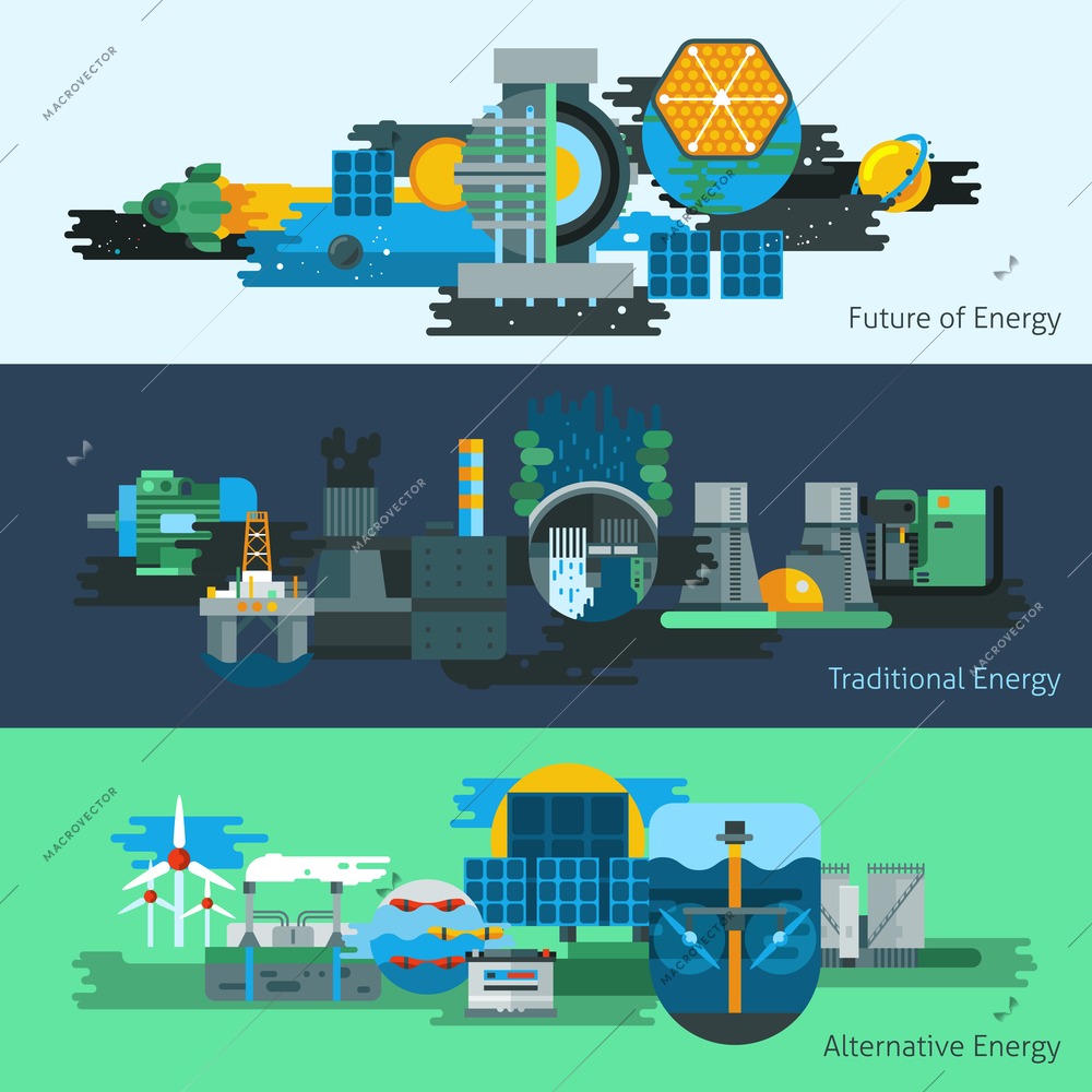 Energy production horizontal banner set with traditional and alternative power sources isolated vector illustration