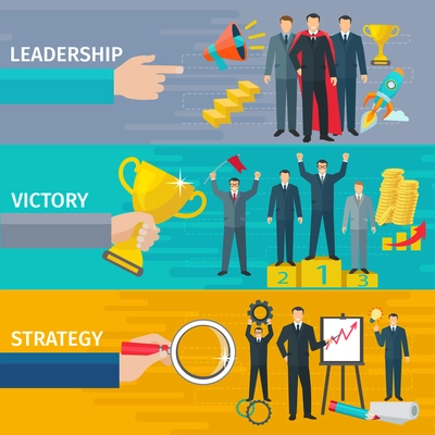 Business leadership horizontal banners set with victory and strategy symbols flat isolated vector illustration