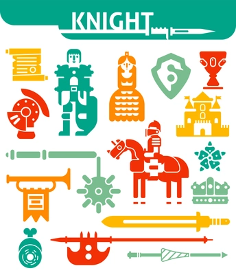 Icons set of knights rewards and different medieval weapons drawn in flat style isolated vector illustration