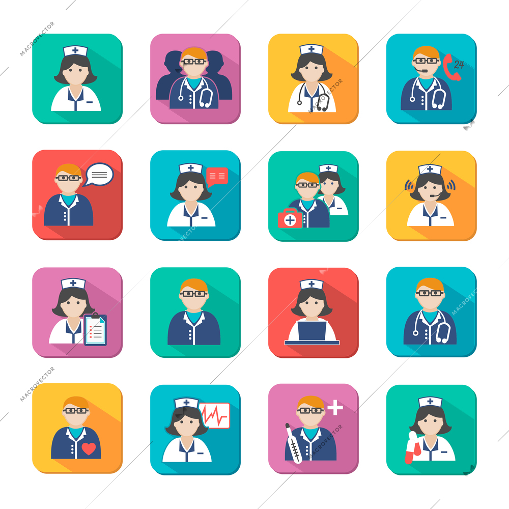 Medicine doctors and nurses icons set for emergency healthcare and hospital isolated vector illustration