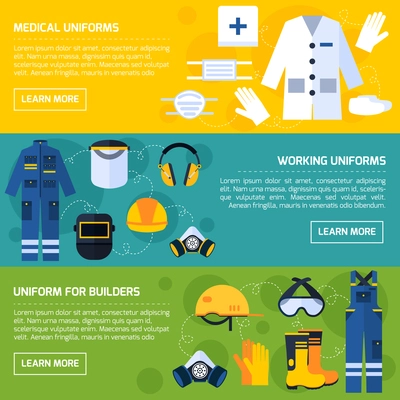 Protective uniform and equipment for medical personnel and construction workers 3 flat banners abstract isolated vector illustration