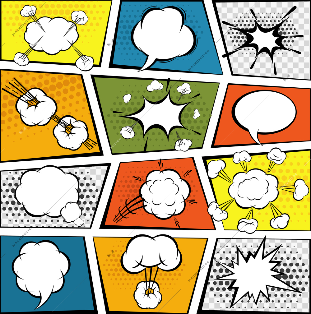 Comic book page with decorative speech bubbles set vector illustration