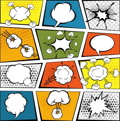 Comic book page with decorative speech bubbles set vector illustration