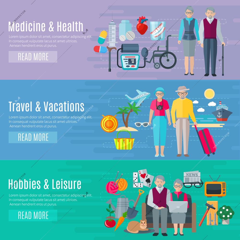 Pensioners life horizontal banners set with medicine vacations and leisure symbols flat isolated vector illustration