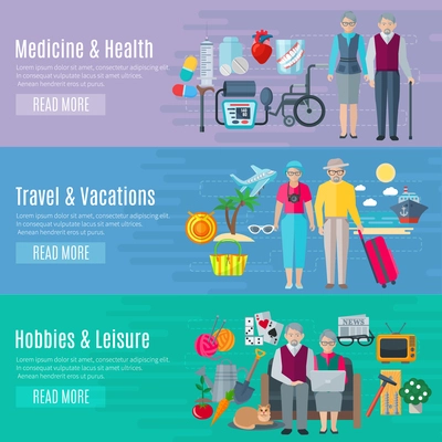 Pensioners life horizontal banners set with medicine vacations and leisure symbols flat isolated vector illustration