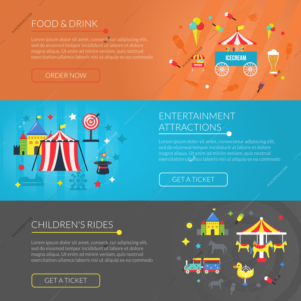 Amusement park online information 3 flat horizontal interactive banners set with attractions and snacks abstract vector illustration