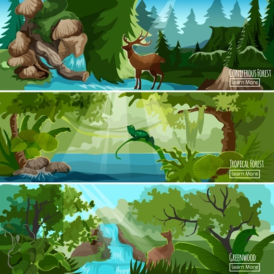 Greenwood tropical forest landscape 3 horizontal banners set with lizard deer and conifers abstract isolated vector illustration