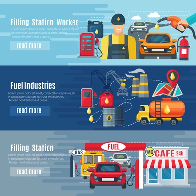 Gas station horizontal banners set with fuel industries symbols flat isolated vector illustration