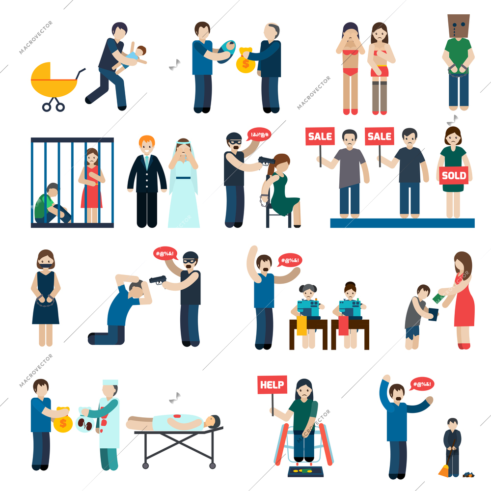 Human trafficking flat pictograms collection with victims organs extraction and child forced labor abstract isolated vector illustration