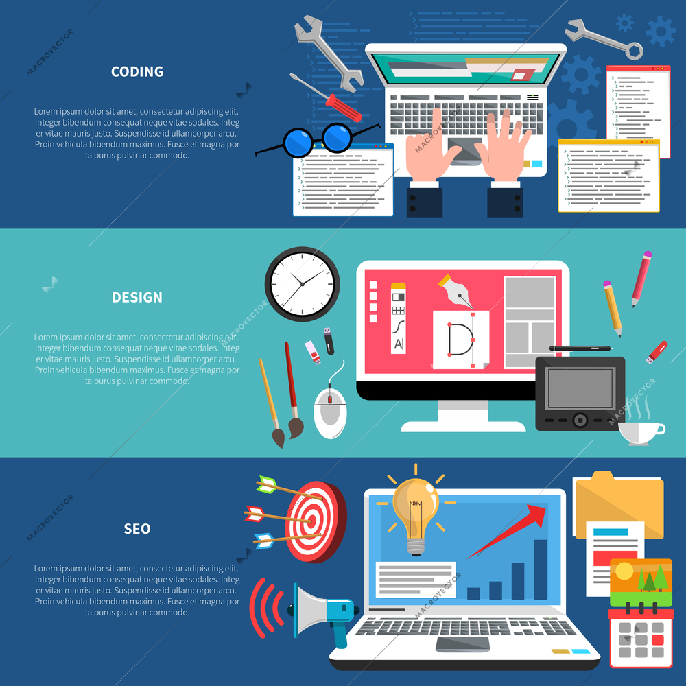 Web development horizontal banner set with coding seo and design elements isolated vector illustration