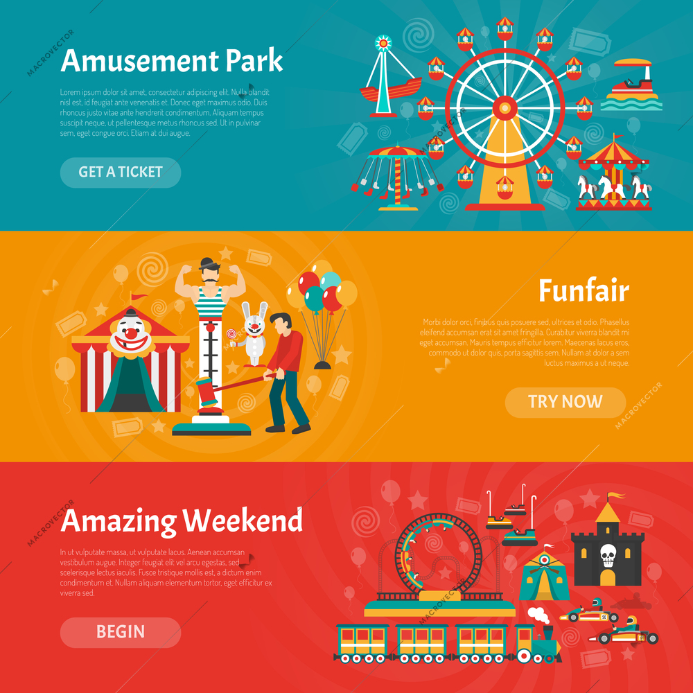 Funfair horizontal banner set with amusement park elements isolated vector illustration