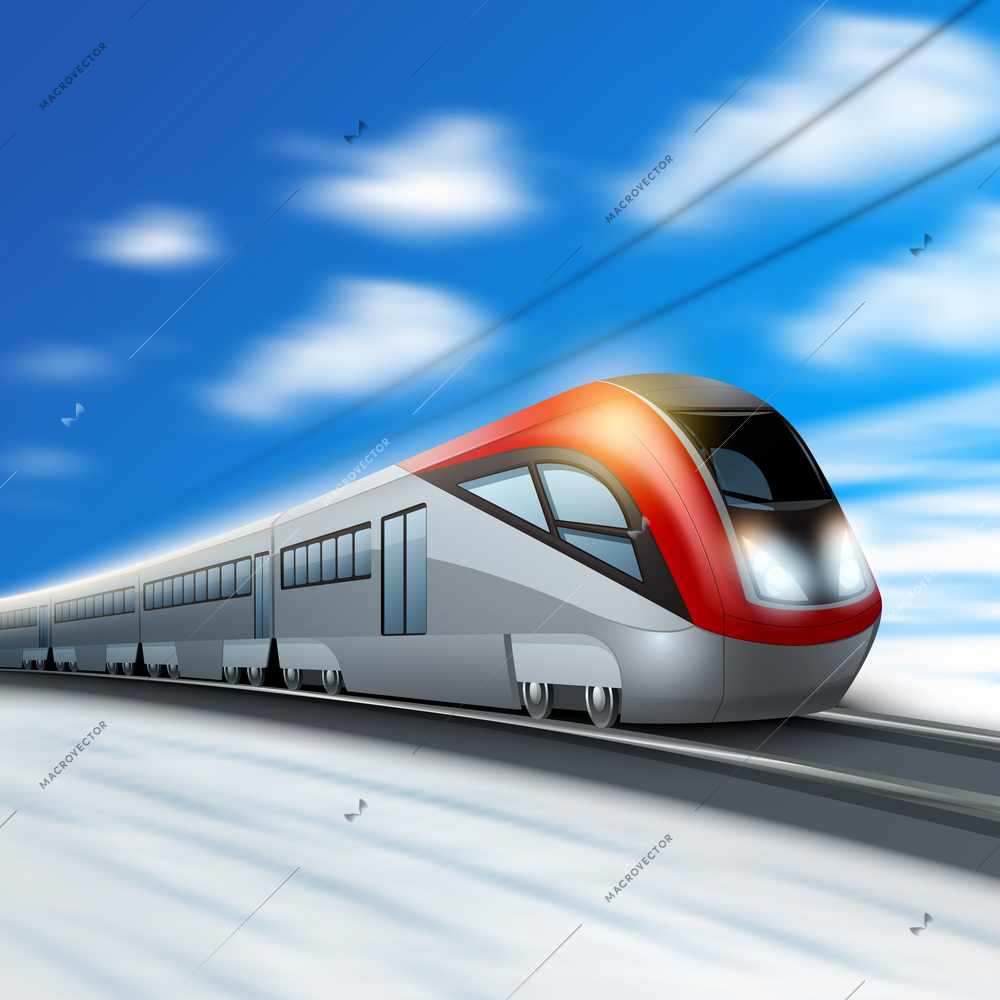 Modern high speed train in motion with blur sky on background vector illustration