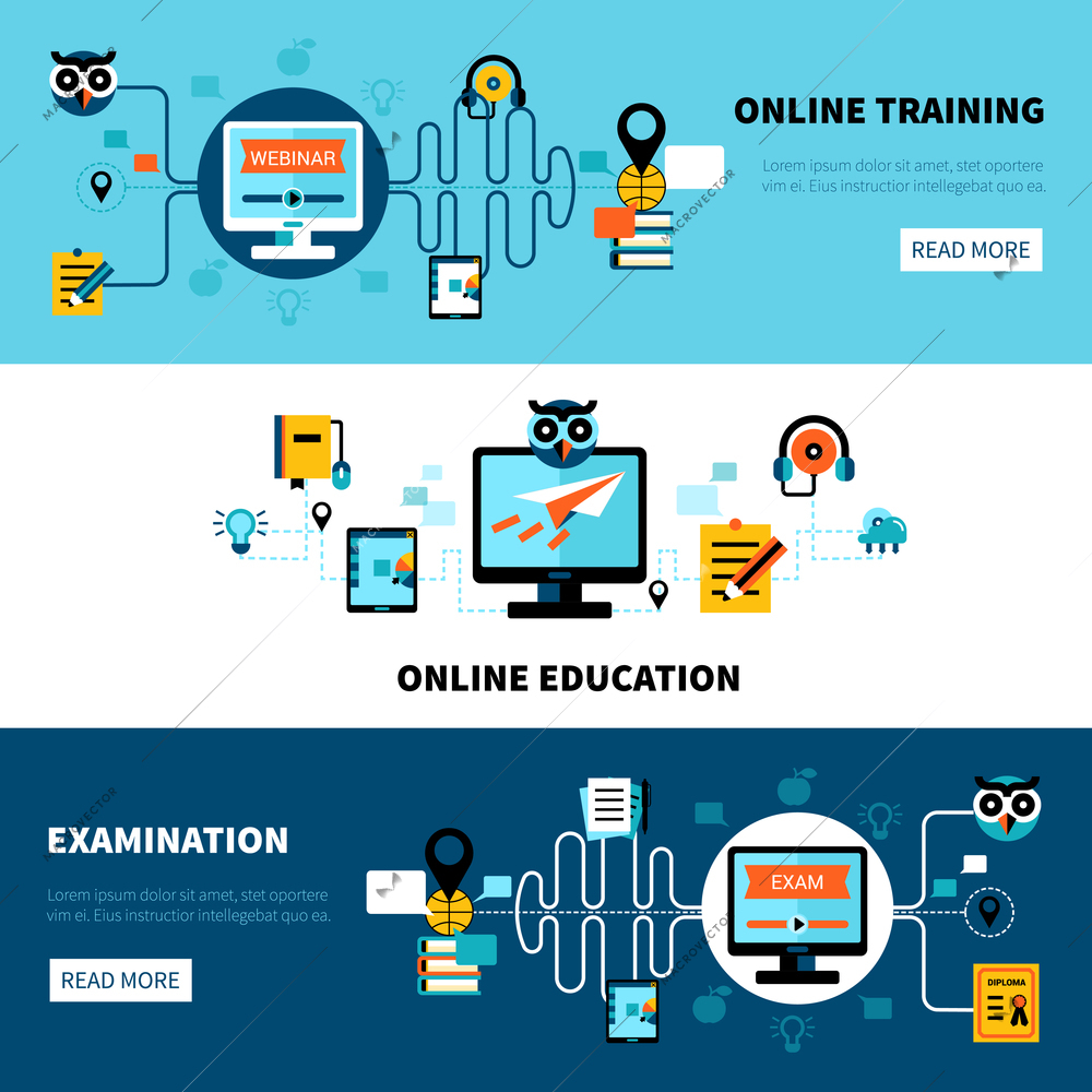 Flat horizontal online education banners collection of distance learning and examination vector illustration