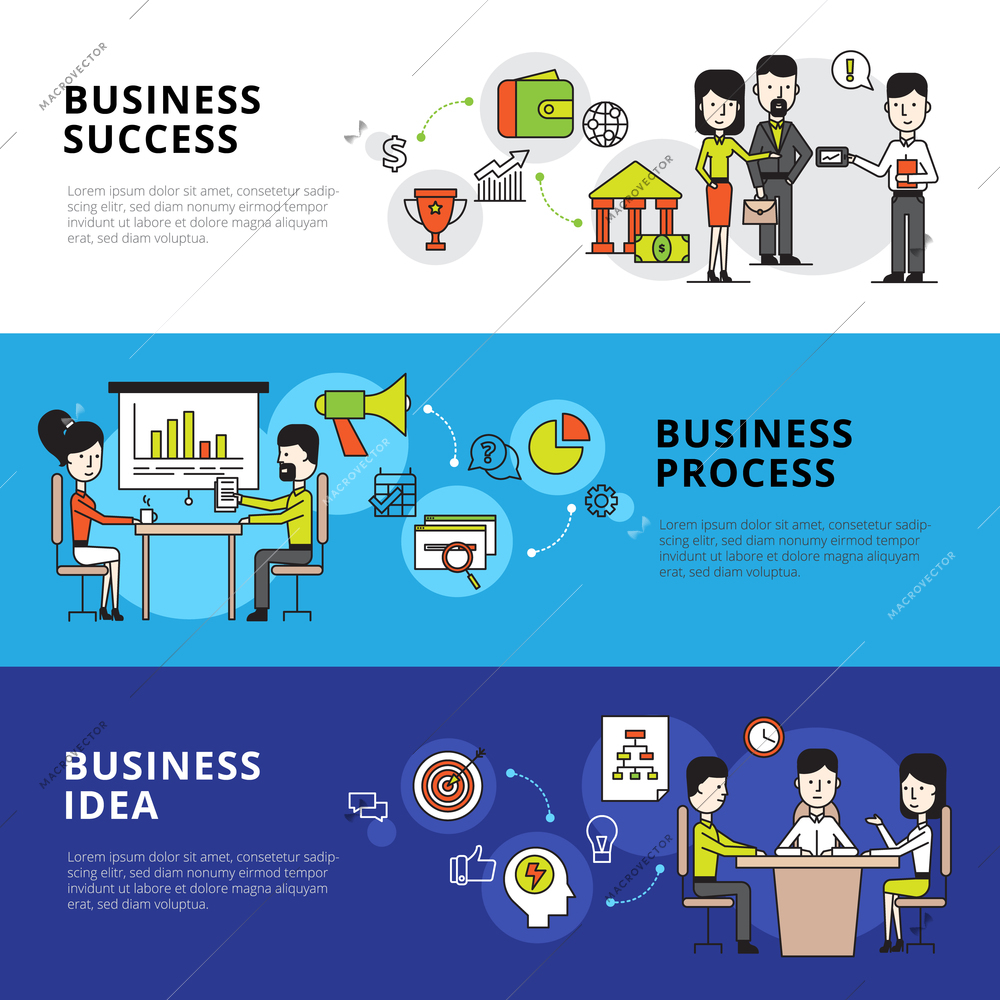 Horizontal  banners illustrating business process with people united by common work in office interior vector illustration