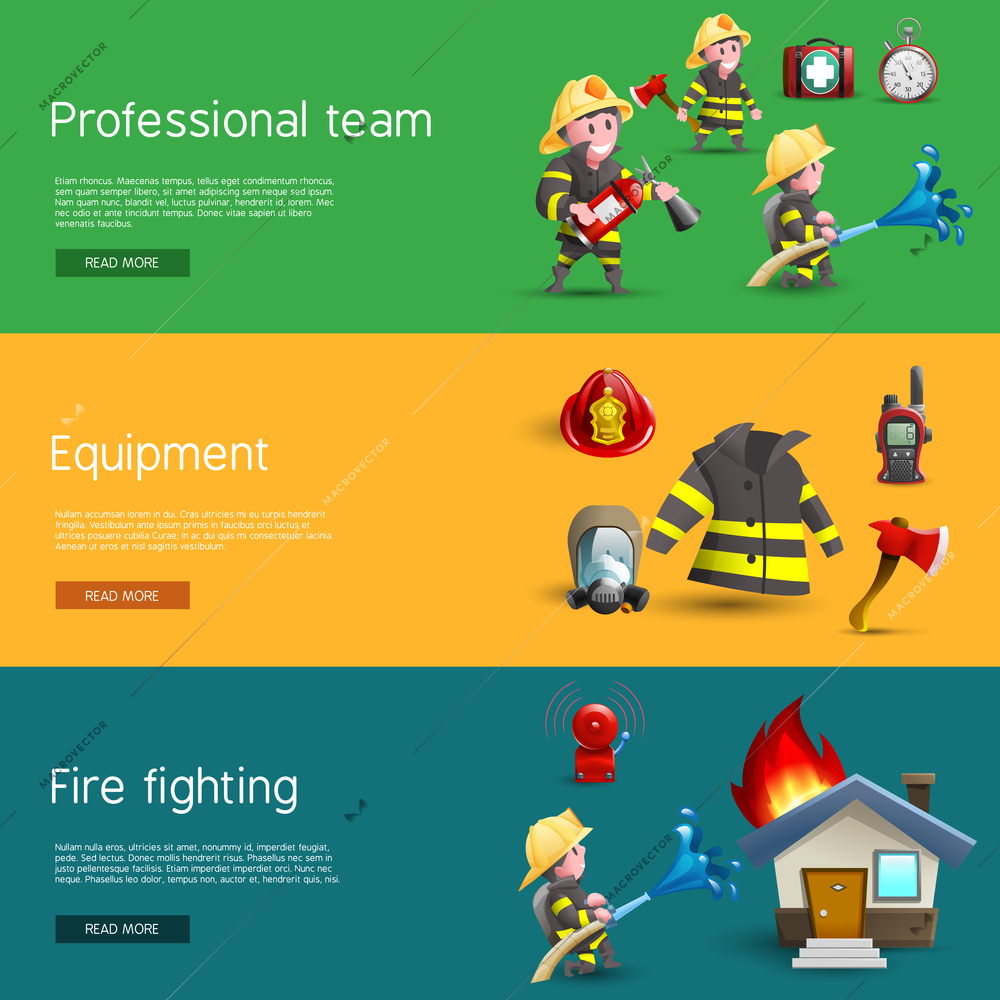 Firefighters service uniform and equipment information 3 horizontal banners webpage design with cartoon figures pictograms abstract vector illustration