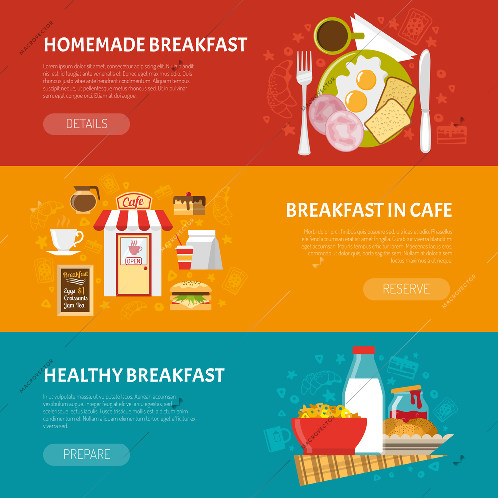 Breakfast horizontal banners set with homemade and healthy breakfast symbols flat isolated vector illustration