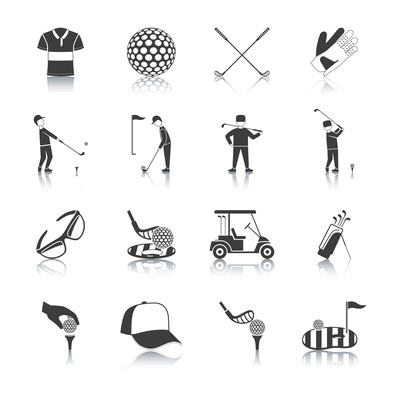 Golf black white icons set with player and sports equipment symbols flat isolated vector illustration