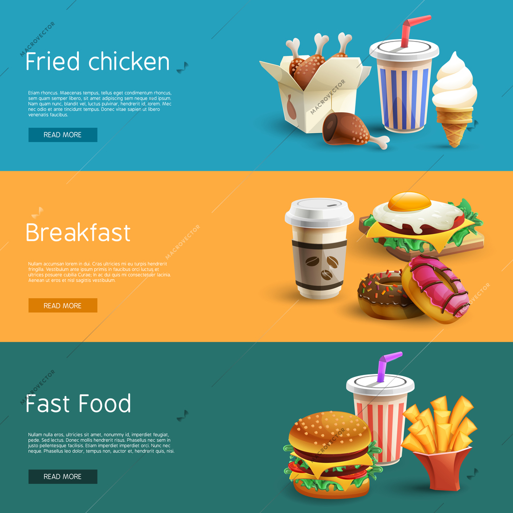 Fast food choice options online information 3 horizontal banners set with colorful pictograms abstract isolated vector illustration