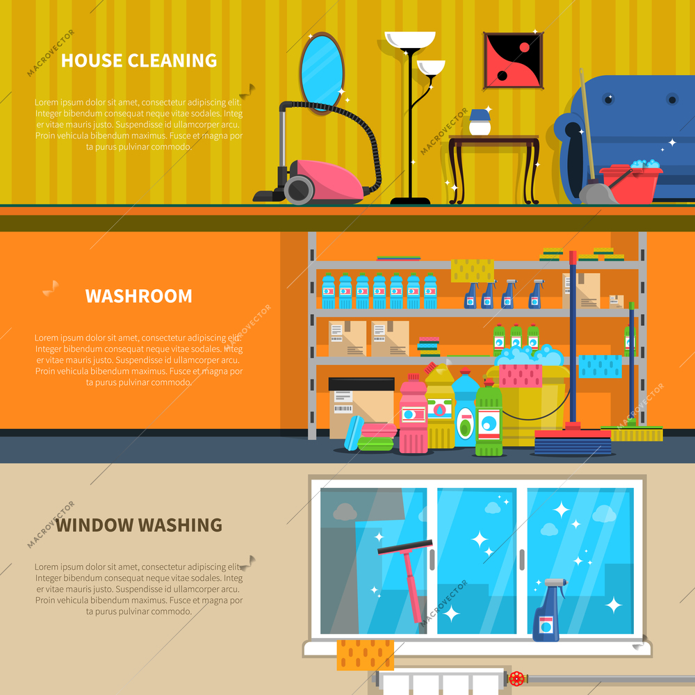 Cleaning horizontal banners set with house cleaning and window washing symbols flat isolated vector illustration